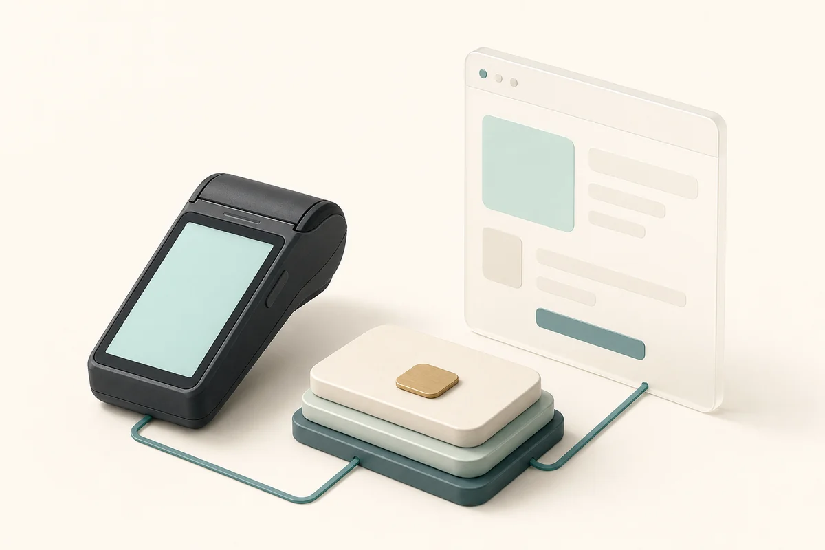 Conceptual illustration of BeamPay's card-present infrastructure and a future online checkout. Online acquiring is planned and not yet available.