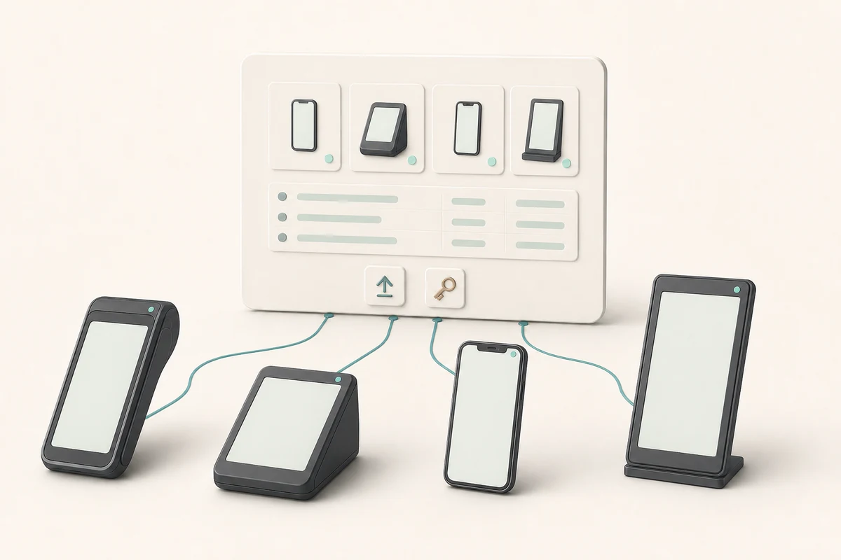 Conceptual illustration of four payment device types connected to a central panel for updates, configuration and key management.