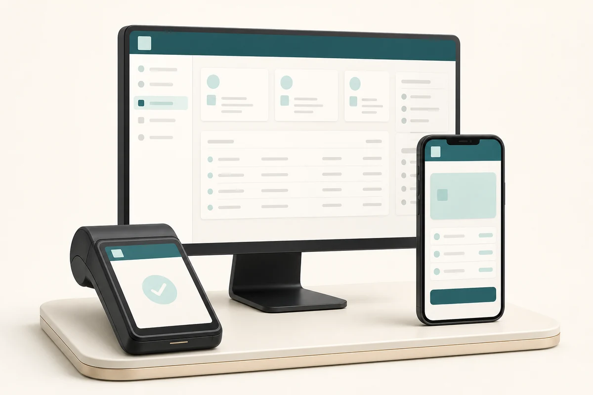 Conceptual illustration of a terminal, mobile checkout and management console sharing one partner's visual identity.